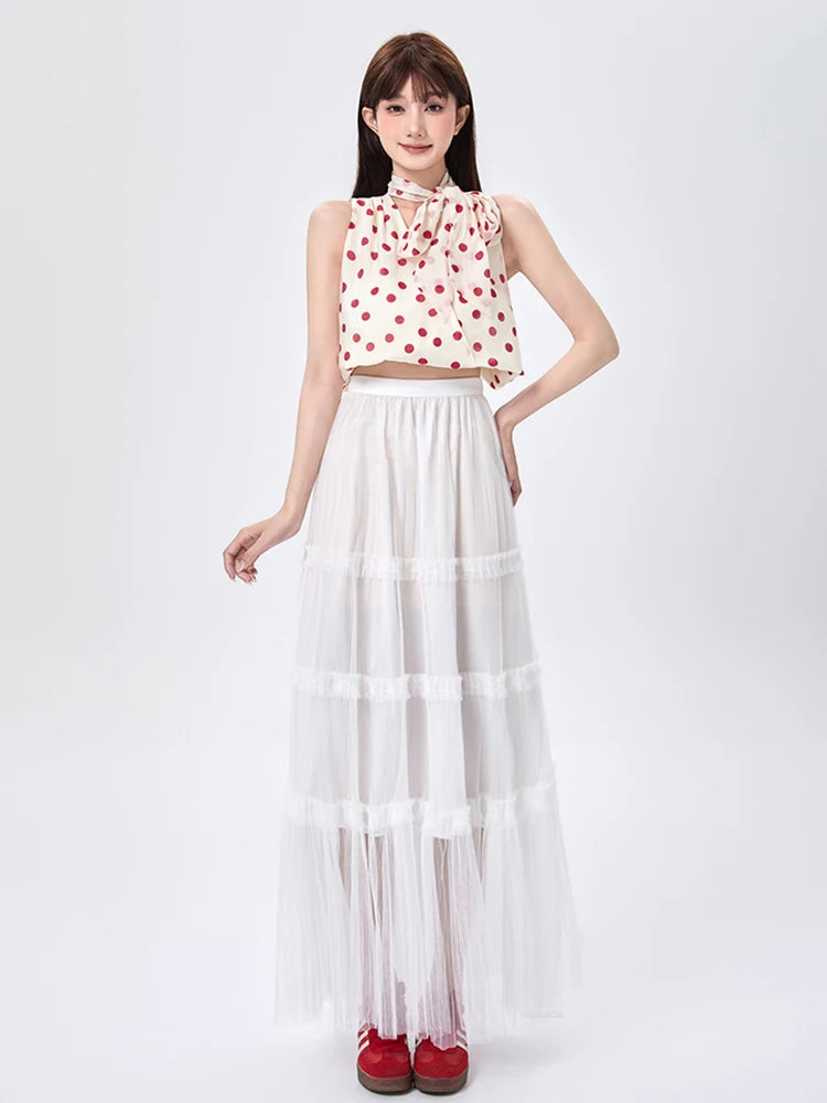 Women's Skirt Spring Summer Tiered Tulle High Waist Ruffle Hem A-Line Pleated Maxi Layered Mesh Cake Skirt Female Faldas SK120