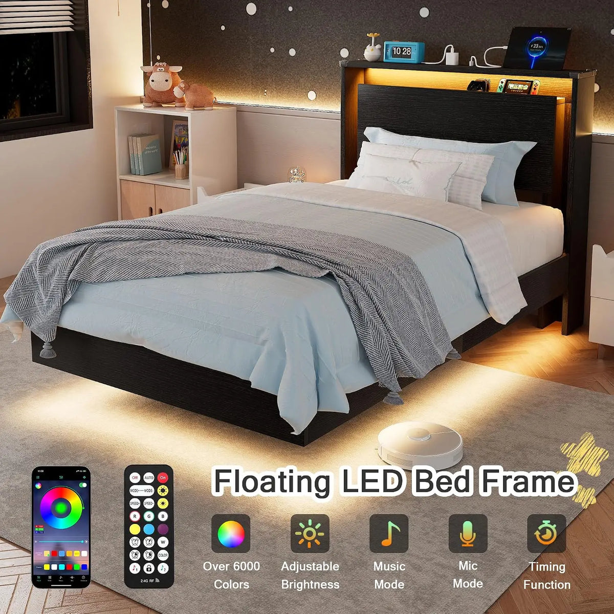Twin Bed Frames with LED Lights and Charging Station - Wood Floating Bed Frame with Storage Headboard, Adhesive Slats, Kick-Free