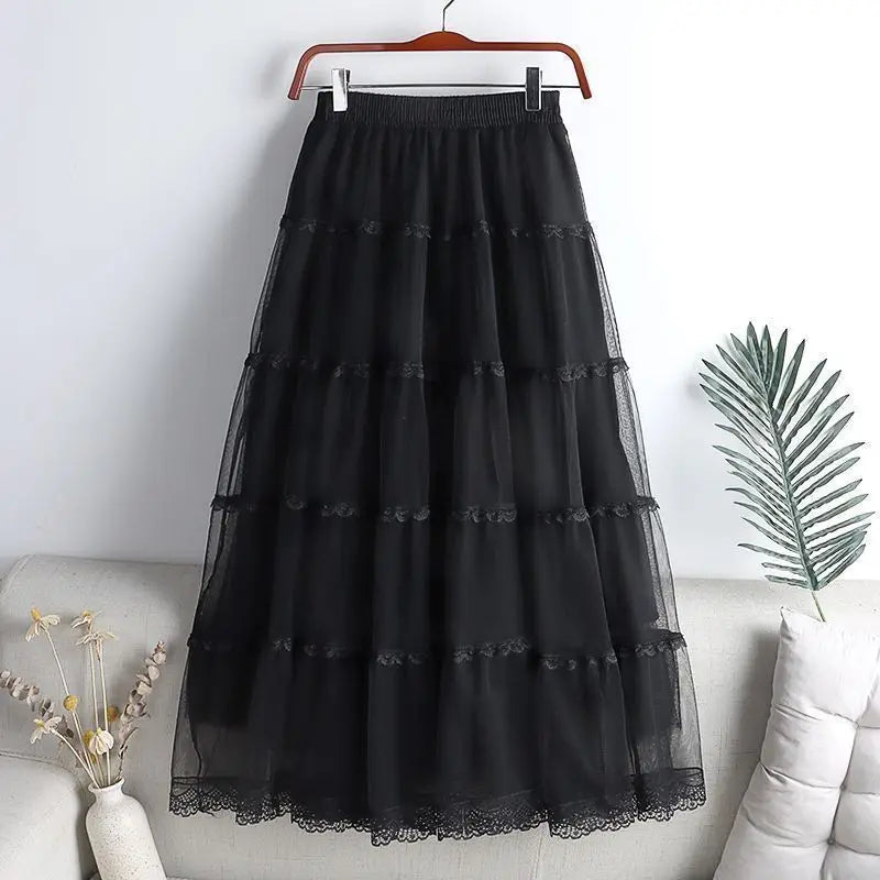 Sweet Lace A-Line Half Skirt Women's Spring Summer New Style Elastic Waist Slimming Cake Skirt High Waist Polyester Fiber