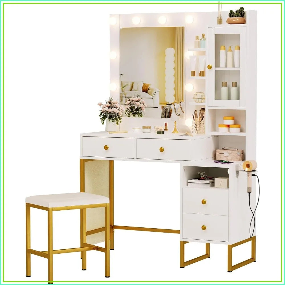 Women White Vanity Table with Drawer Dresser LED Mirror