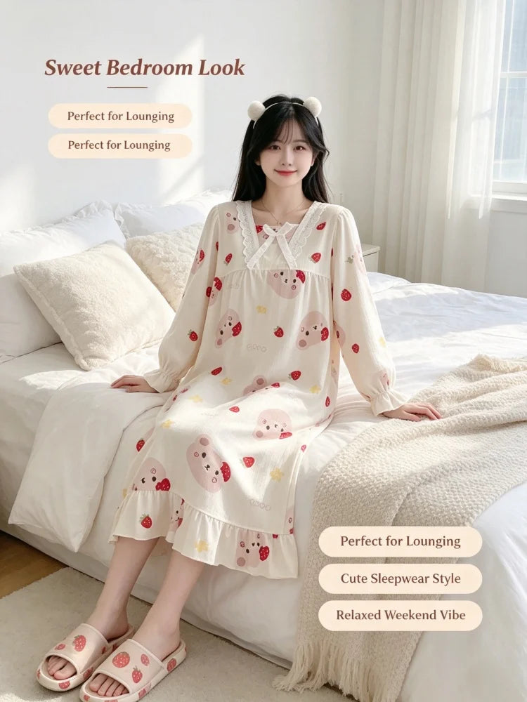 Kawaii Bear Strawberry Print Women Pajamas, Long Sleeve Lace Neck Loose Sleep Set, Casual Daily Home Loungewea