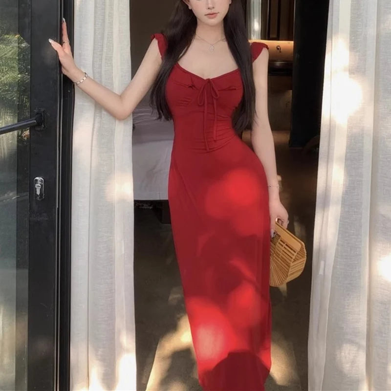 Lady Daily Holiday Leisure Satin Dress Female Gentle Aesthetic Long Bridal Dress Summer Women Party Backless Bandage Dresses