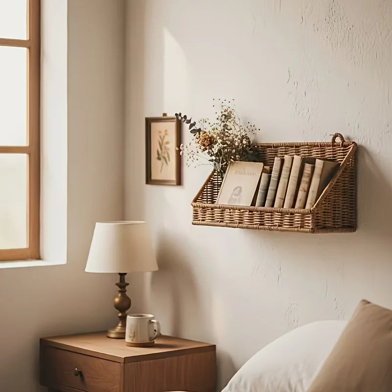 1pc Rustic Wall-Mounted Basket with Hooks - Woven Rattan Storage Hamper Suitable for Bathroom, Kitchen, Bedroom & Living Room