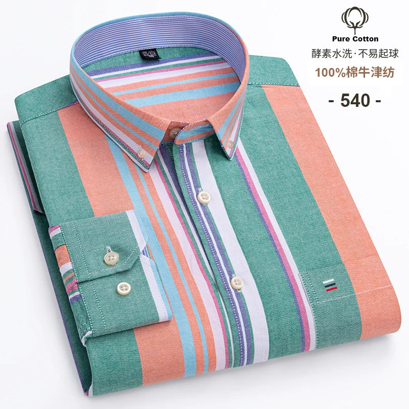 Men's 100% Cotton Oxford Plaid Dress Shirt - Long Sleeve Slim Fit