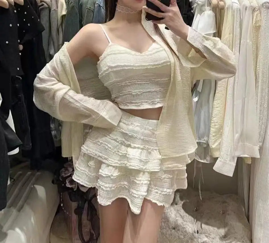 Ballet Style Puffy Short Skirt Women Summer Lace Crop Top Design Sensation Half Skirt Pure Desire Sweet And Spicy Set
