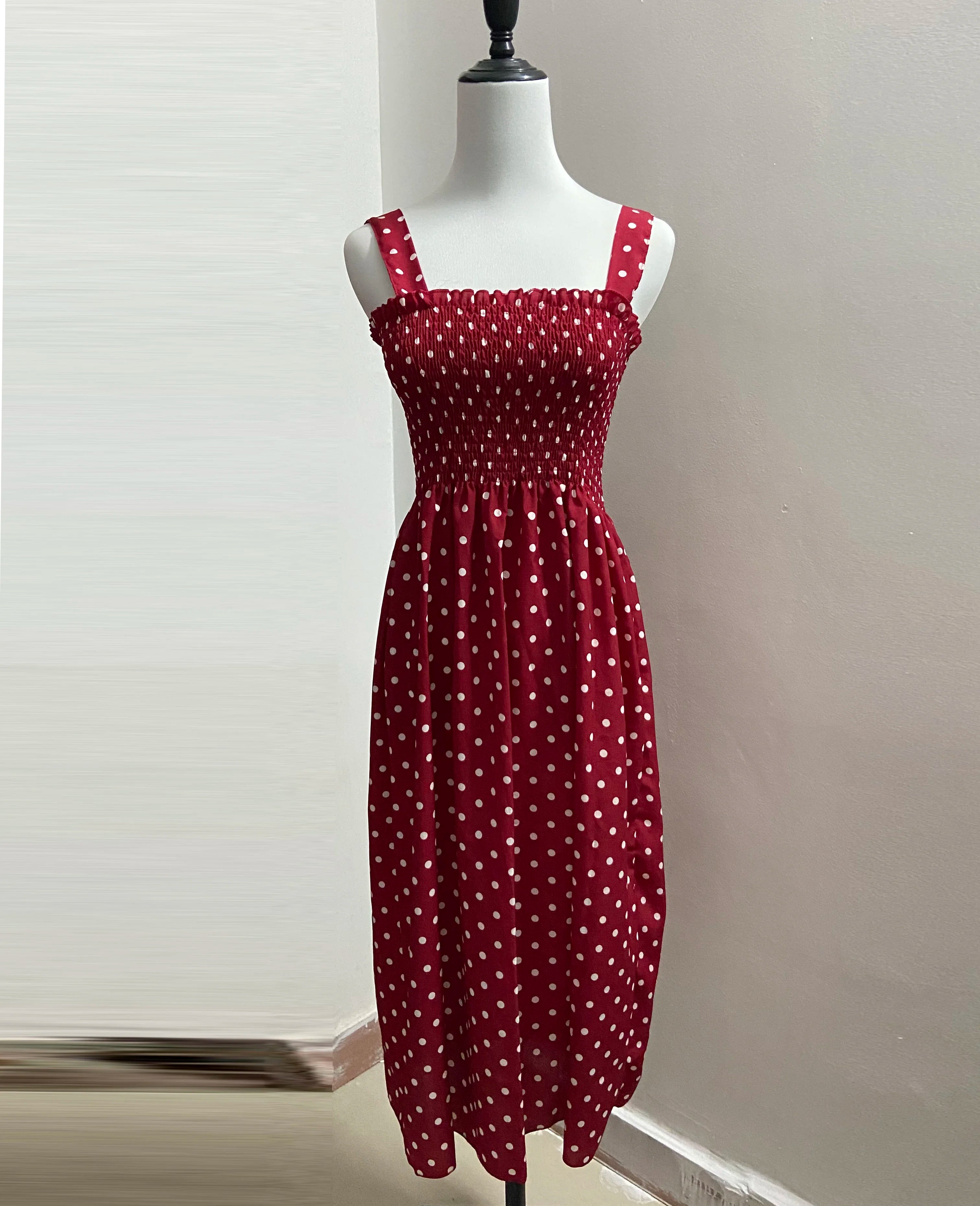 Women's Polka Dot Chiffon Maxi Dress – Elegant Square Neck Sleeveless Summer Dress