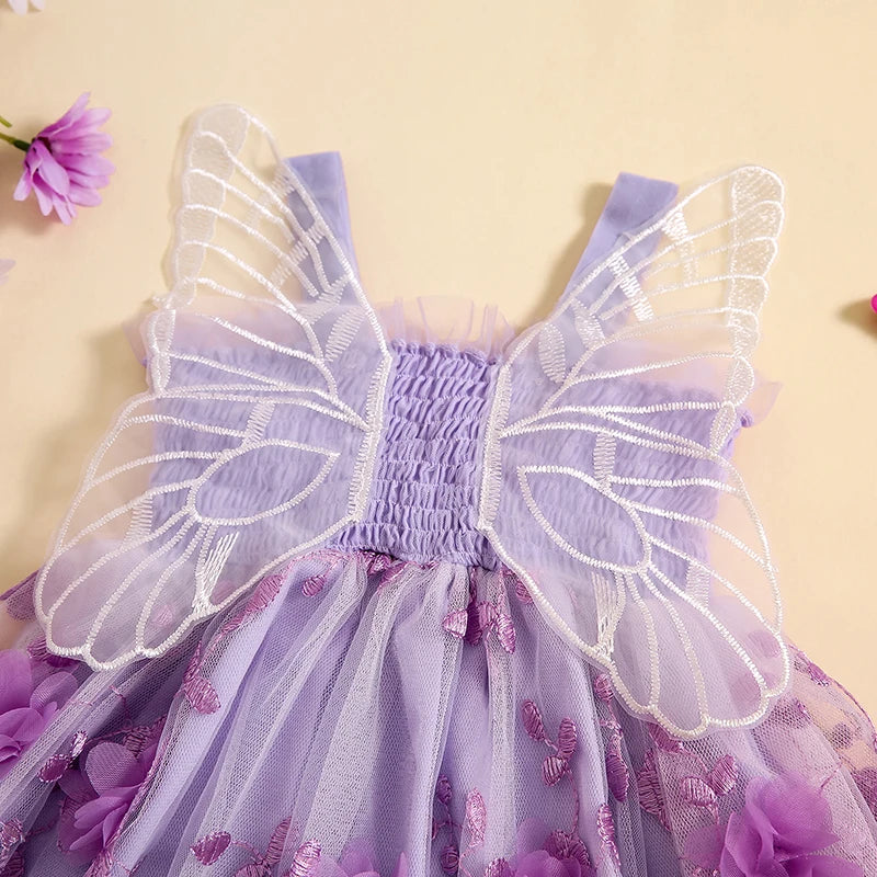 Toddler Baby Girls Birthday Party Sleeveless Dress Summer 3D Flowers Cute Tulle Princess A-Line Dress with Butterfly Wing