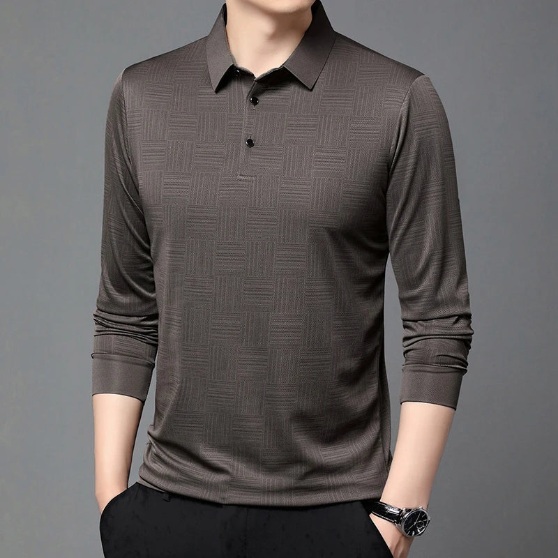 New Men's Business Casual Long Sleeved Shirt Solid Color Polo Shirt Fashionable Breathable Comfortable Versatile Top