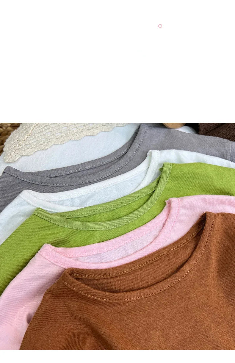 Children Simple Casual Long Sleeves T-shirt Kid Cotton Tops Unique Tees Autumn Spring Boy Girl Baby O-neck Solid Bottoming Shirt