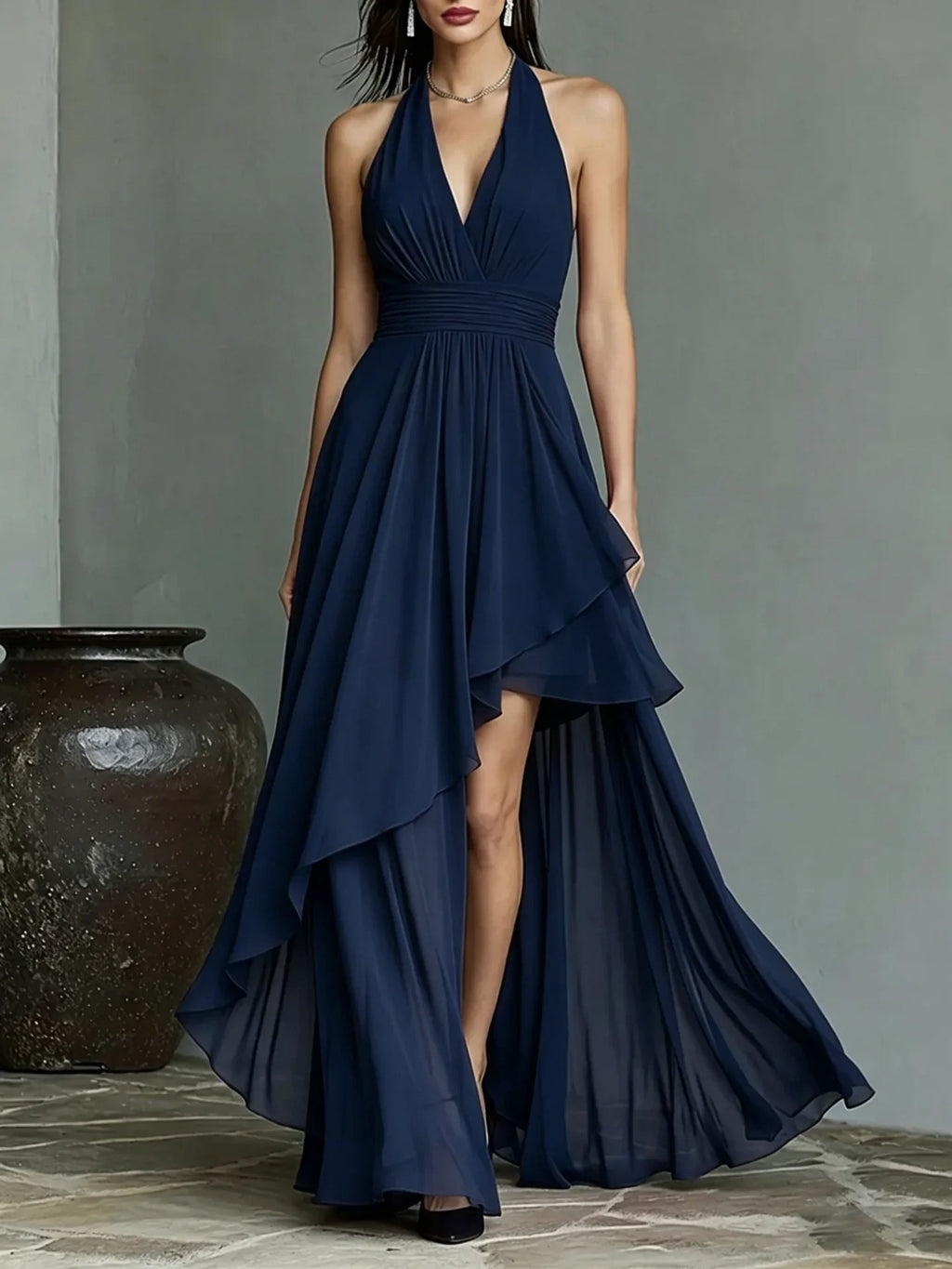 New Summer Women Chiffon Evening Gown Halter V‑Neck Backless Waist‑Cinching Formal Dress For Wedding Guest Cocktail Party