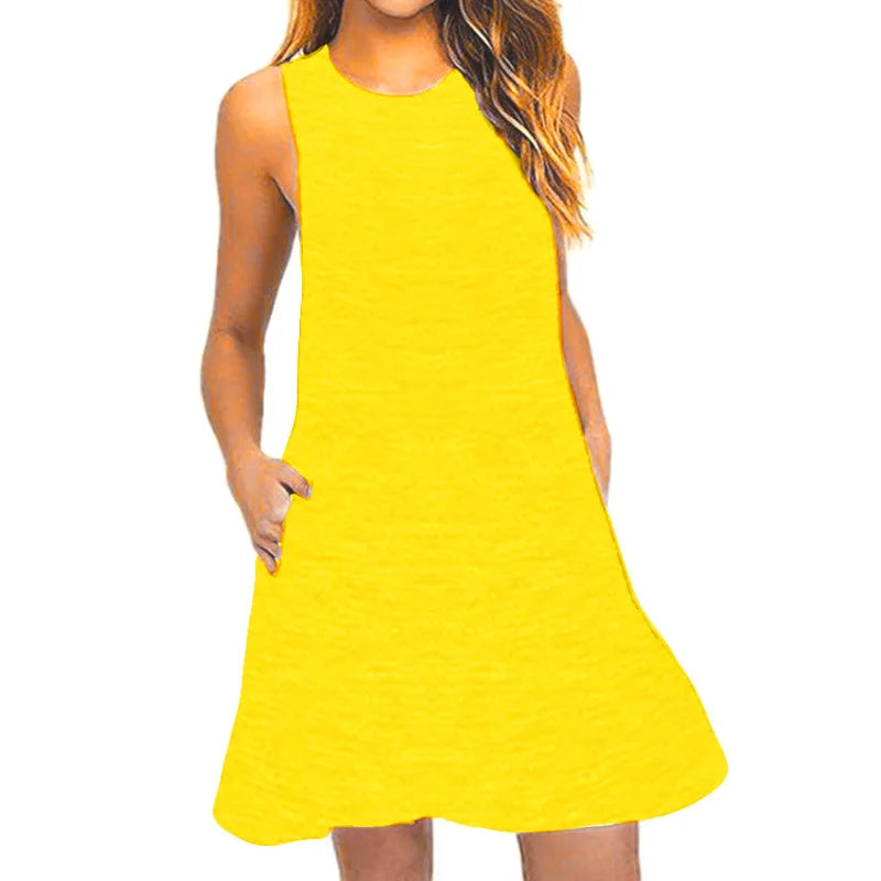 Women's Summer Casual Tank Dress with Pockets   Beach Cover-Up   Plus-Size Loose T-Shirt Dress