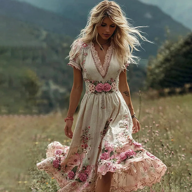 Elegant Flower Print Waist Big Swing Long Dress Women Deep V-neck Draped Dress Casual Fashion Short Sleeve Party Dresses