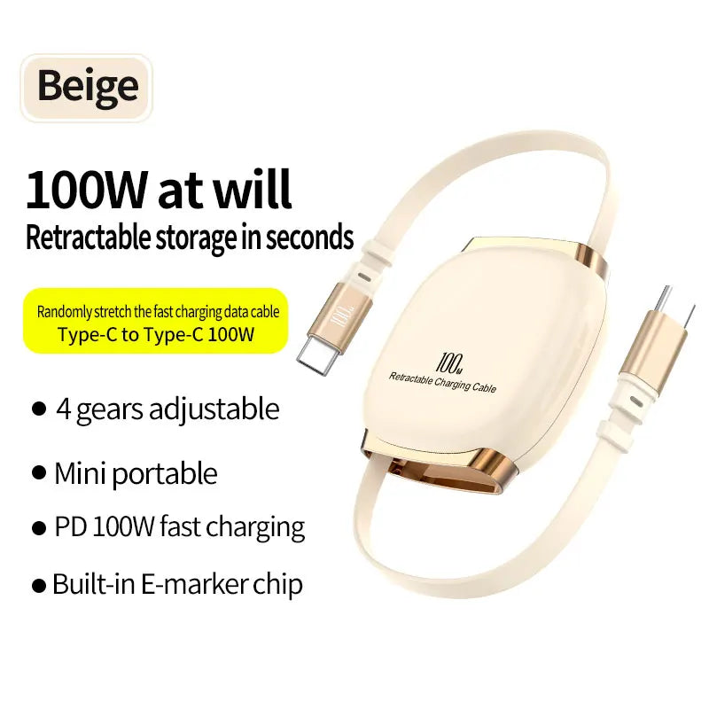 PD 100W Retractable USB-C Fast Charging Cable – iPhone & Android Compatible