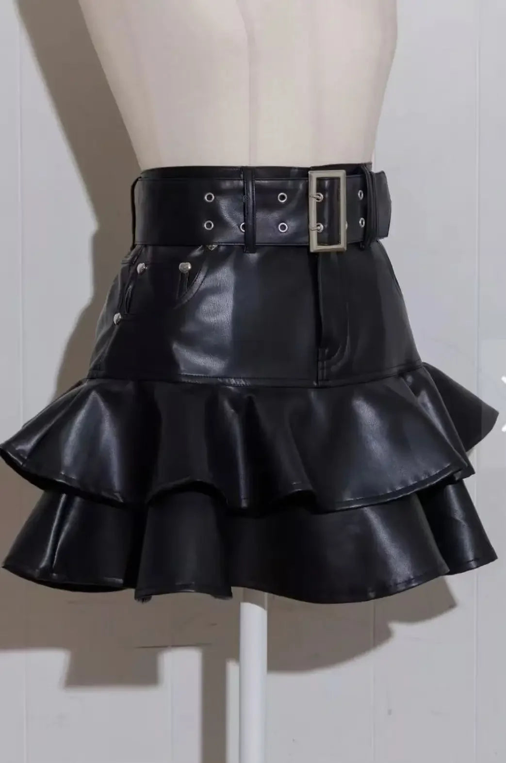 IMU Japanese Sweet Fashion Black Leather Skirt Spring Autumn New 2025 Women's High Waist Slim Elegant Denim Skirt Puffy Cake Ski