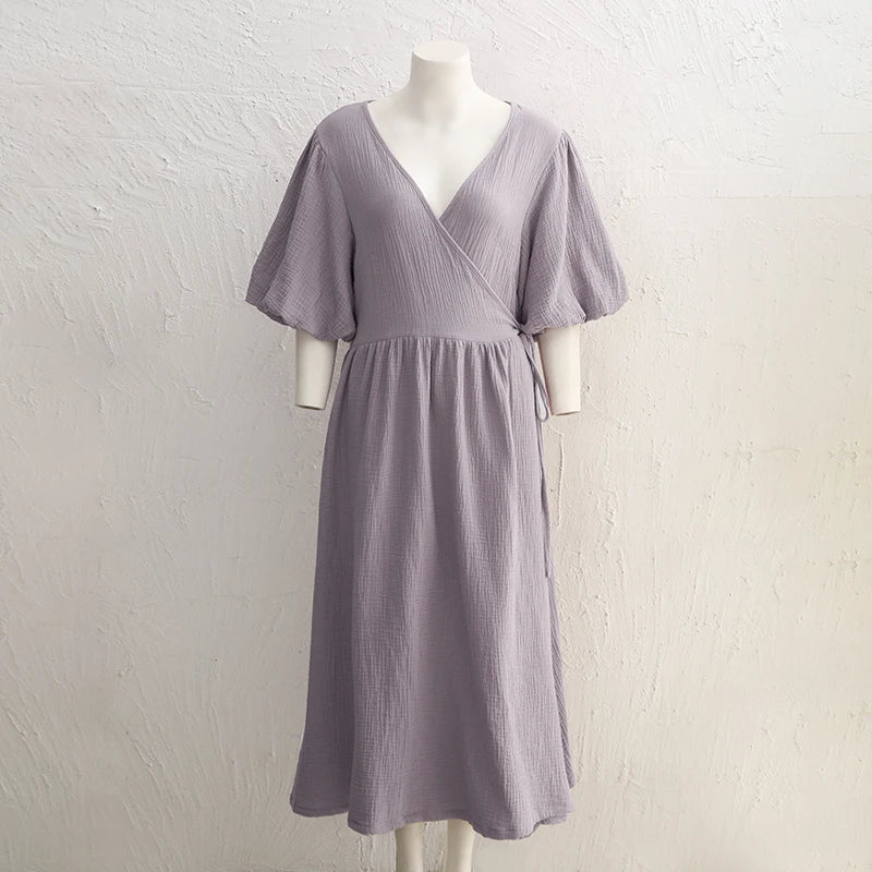 Vintage 100% Cotton Women's Dress Retro Crepe Gauze V-Neck Puff Sleeve Bandage Lace Up Elegant Dresses For Women Long Maxi Robe