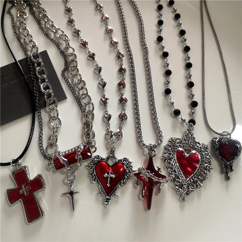 Gothic Red Cross Star Heart Pendent Necklace For Women'S Men Hip Hop Street Vintage Y2K Grunge Punk Y2K Aesthetic Jewelry Gifts