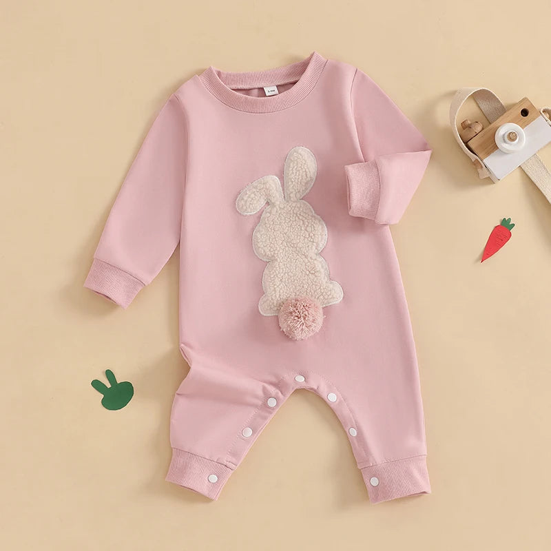 Citgeett Spring Easter Infant Baby Girls Boys Rompers Plush Bunny Embroidery Long Sleeve Jumpsuit Clothes