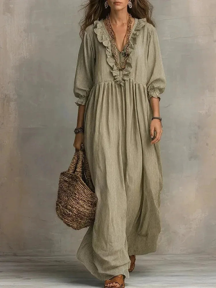 2026 New European and American Independent Website Striped Ruffled Loose High-Waisted V-Neck Fashion Casual Dress