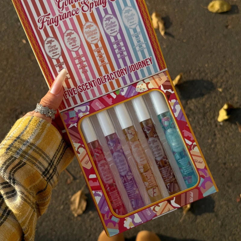 5pcs Gourmand Perfum Set Long Lasting Sweet Vanilla Cake Scent Mini Portable Fragrance Spray Set For Women