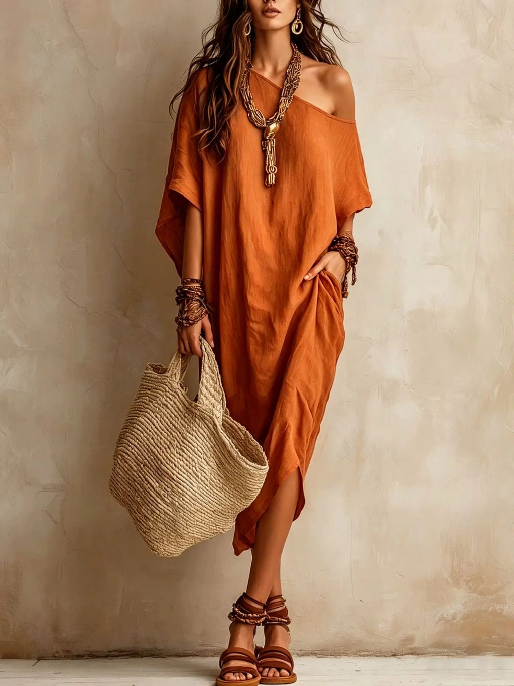 Women's Vintage Off-Shoulder Batwing Sleeve Midi Dress - Solid