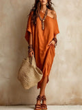 Women's Vintage Off-Shoulder Batwing Sleeve Midi Dress - Solid