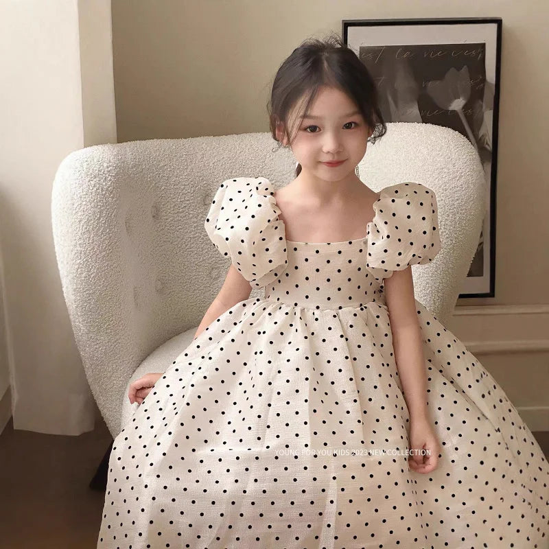 In-stock summer dress with puff sleeves for girls, princess dress for older girls, pearl gauze dress