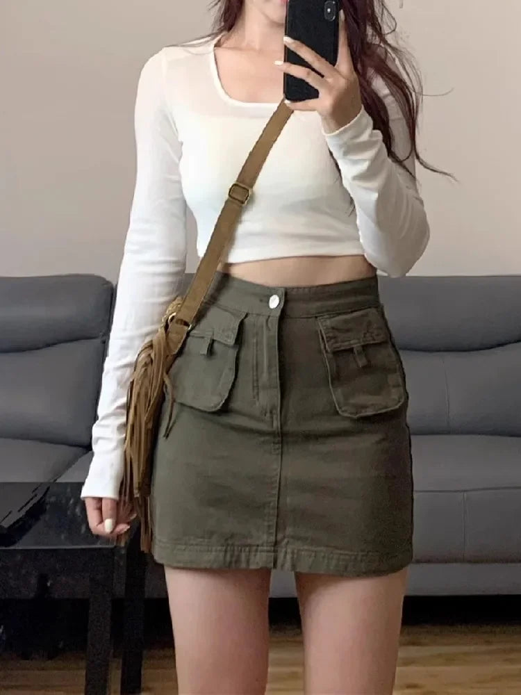 American Retro Workwear Mini Skirt A-Line Design plus Size High Waist Slimming Denim Half-length Skirts for Women