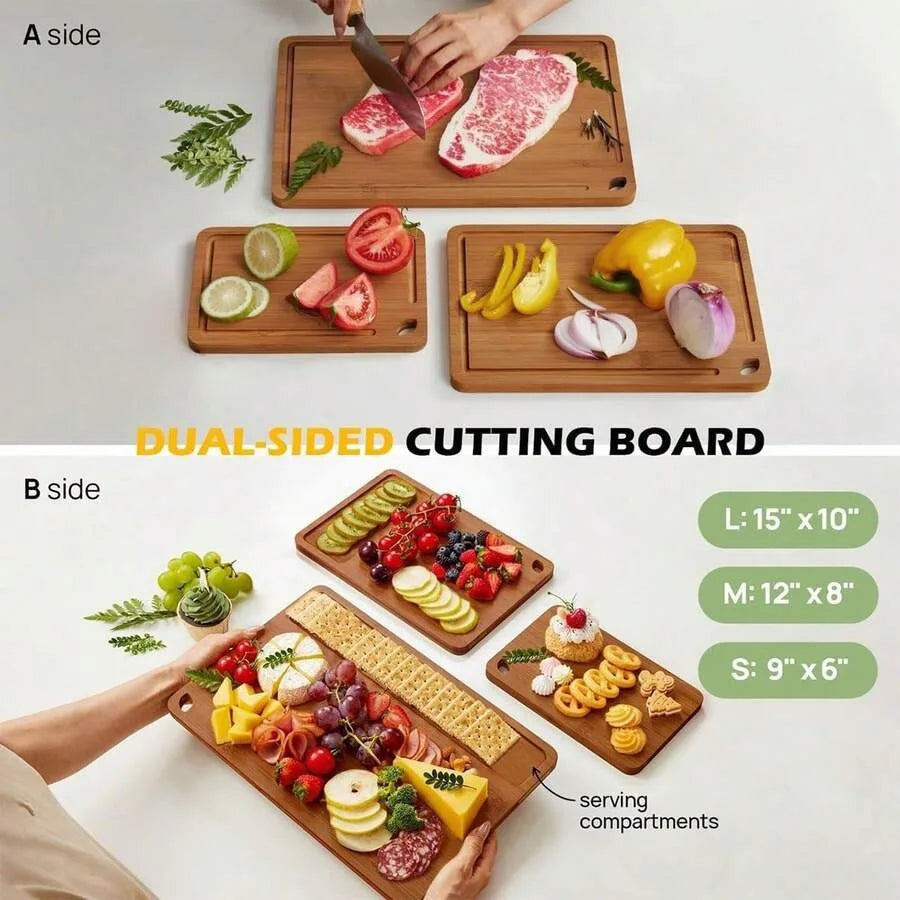 Deep Carbonized Bamboo Cutting Board Set, Designed For Kitchen Use, Paired With Wooden Storage Rack; Double-Sided For Separate Handling Of Cooked Food, Features Oil Draining Groove And Ergonomic Handle, Protects Knives,