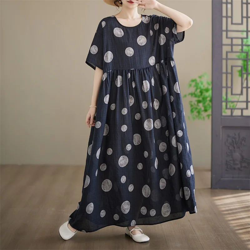 Anteef Women's Vintage Floral Cotton Maxi Dress - Short Sleeve Loose