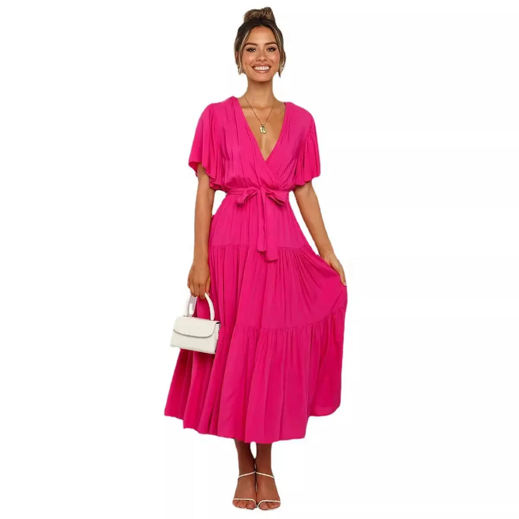 Summer Bohemian Long Dress Pure Color V-Neck Short Sleeve Empire Waist Design Floor Length with Belt Loose Fit Women's Dress