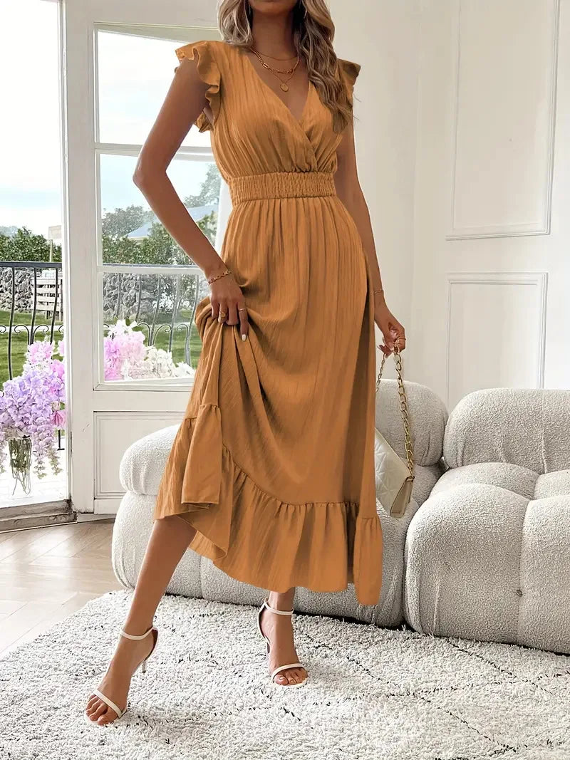 Women's Fashionable Elegant and Casual Long Ruffled Sleeves and Elegant Commuting V-neck Solid Color Pleated Splicing Slim Dress