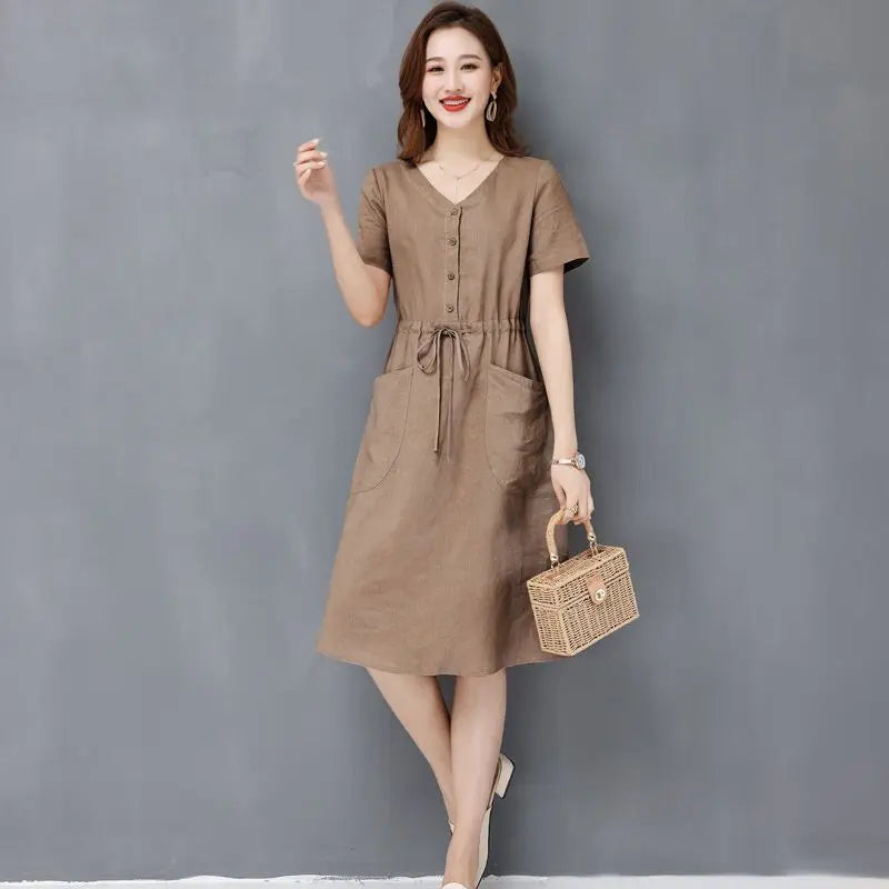 Elegant Cotton and Linen Women's Dress Draw String High Waist Breathable Midi Dresses Half Sleeve V-Neck A-Line Dress Summer