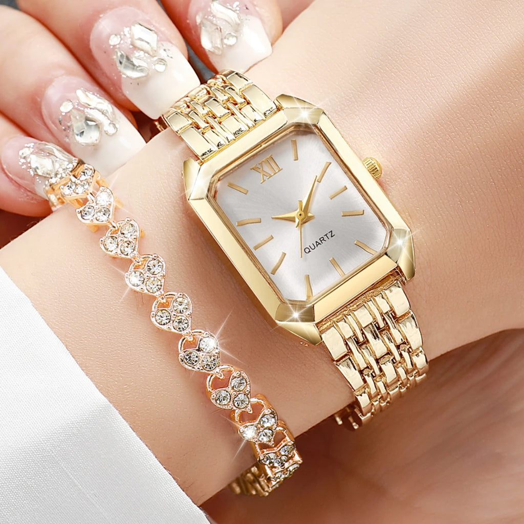 2PCS/Set Fashion Rectangle Women Quartz Watch Ladies Roma Dial Wristwatches Rhinestone Bracelet Set Reloj Mujer Girls Clock Gift