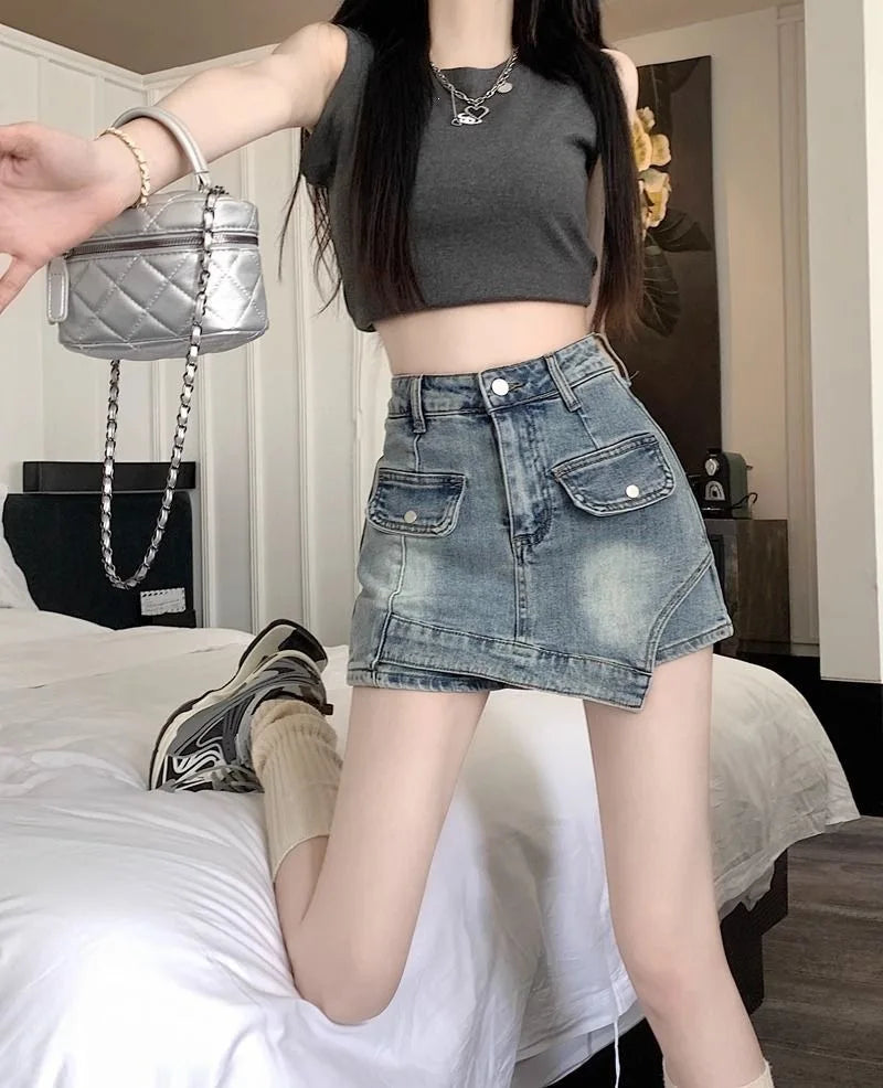 Retro Spicy Girl Uneven Denim Mini Skirt High Waist Slim Fit Women's Summer New Style Short Skirt Bodycon Skirt New Style
