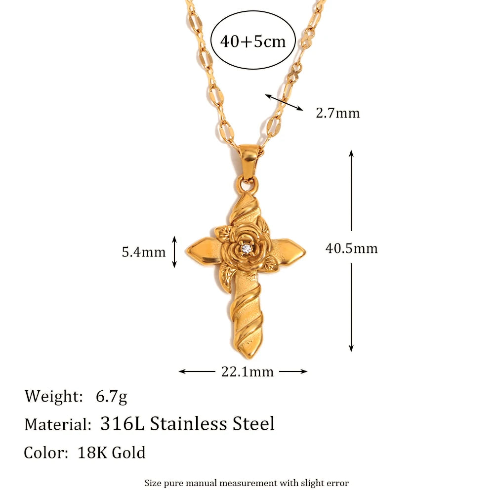 E.B.Belle Fashion Style Luxury Clear Zircon Cross Series Pendant Necklace 18K Gold Plated Stainless Steel Women'S Jewelry