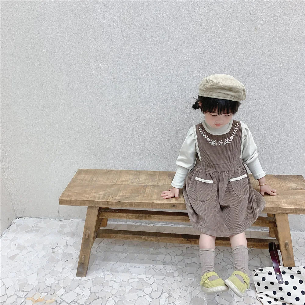 2025 Vinatge Baby Corduroy Sleeveless Dress Little Girls Sundress and Long Sleeve Tops Autumn Winter  Two Piece Set Children