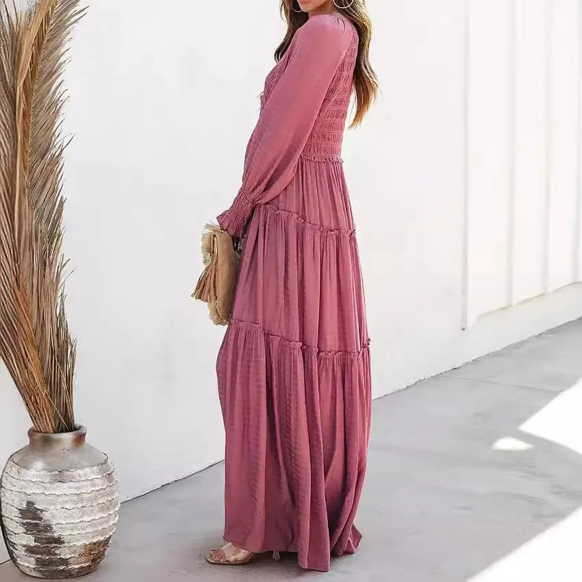 Long Dress Women Vintage V Neck Long Sleeve Dresses Loose Y2k High Waist Shirring Casual Summer Loose 2026 Elegant Slight Strech