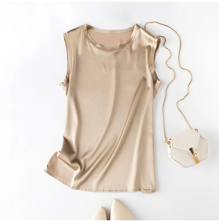 Heavy Silk Women's Sleeveless Top T-shirt Autumn Silk Top Silk Satin Bottom Top Solid Color T-shirts Satin Shirts for Women