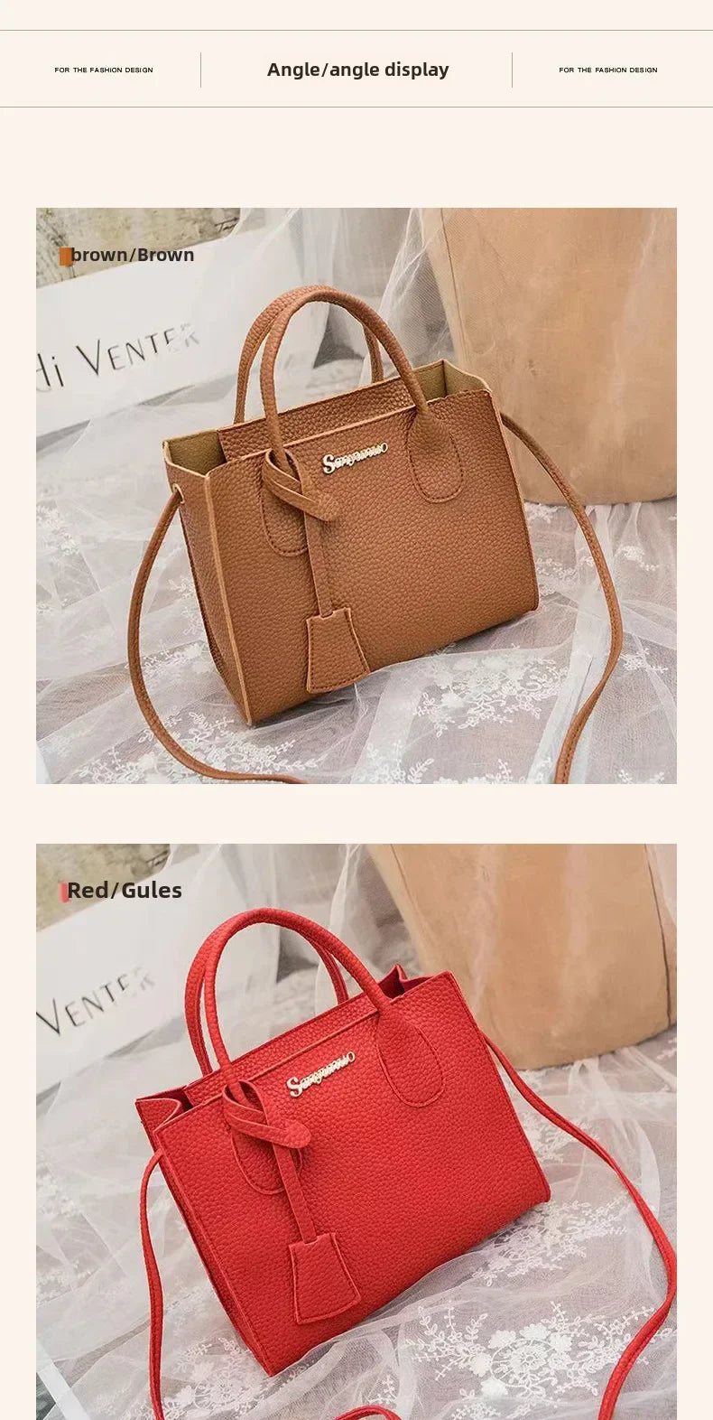 Single-shoulder Crossbody Handheld Triple-use Satchel Portable Leisure Bag Solid Color Lychee Grain Ladies Handbags ﻿