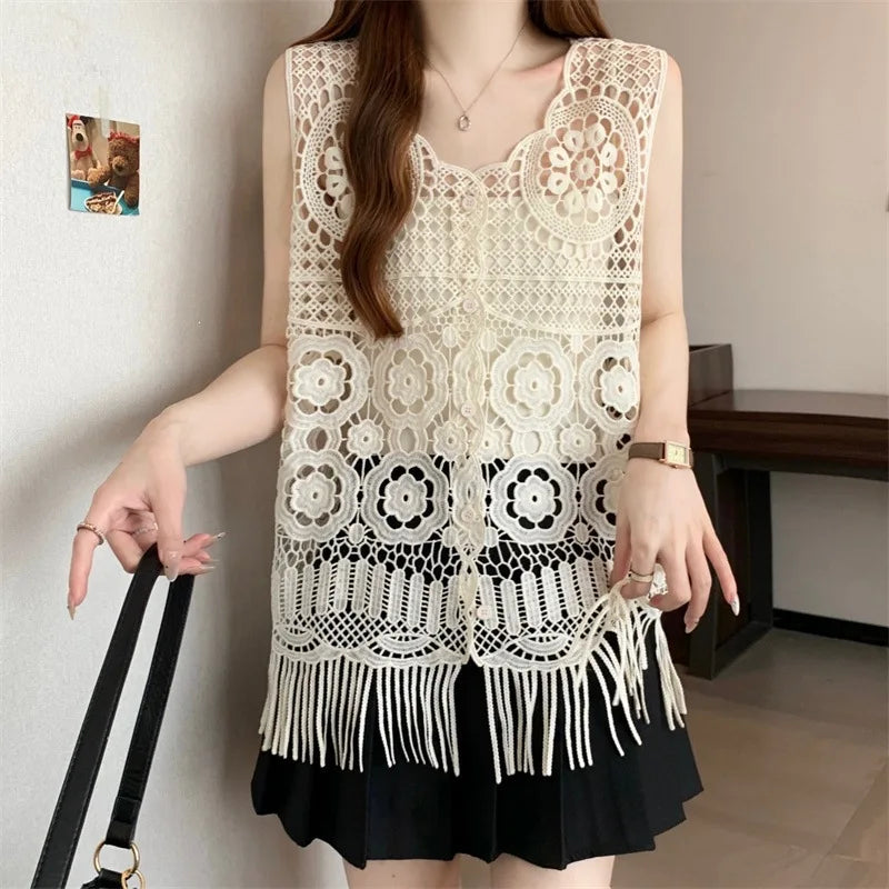 French Elegant Sleeveless Lace Hollow out Top Women's Summer New Design Asymmetrical Outerwear Vest Cover up Polyester Fabric