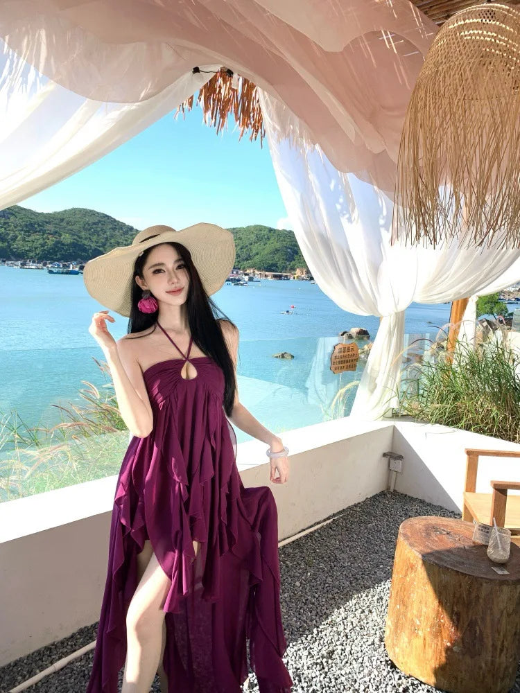 Purple Beach Vacation Photography Dress Women's Sleeveless Gown Luxury Design Sensation Halter Neck Chiffon Long Skirt