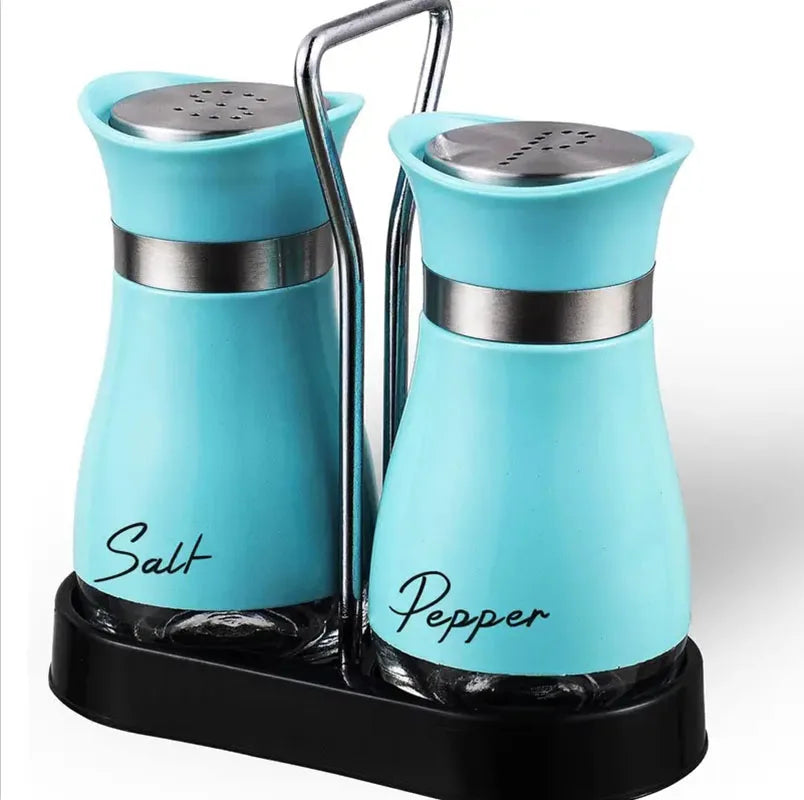 Botella de cristal para especias de cocina, juego de 2 molinillos de sal y pimienta recargables ajustables con estante, dispensador de especias con orificios para verter