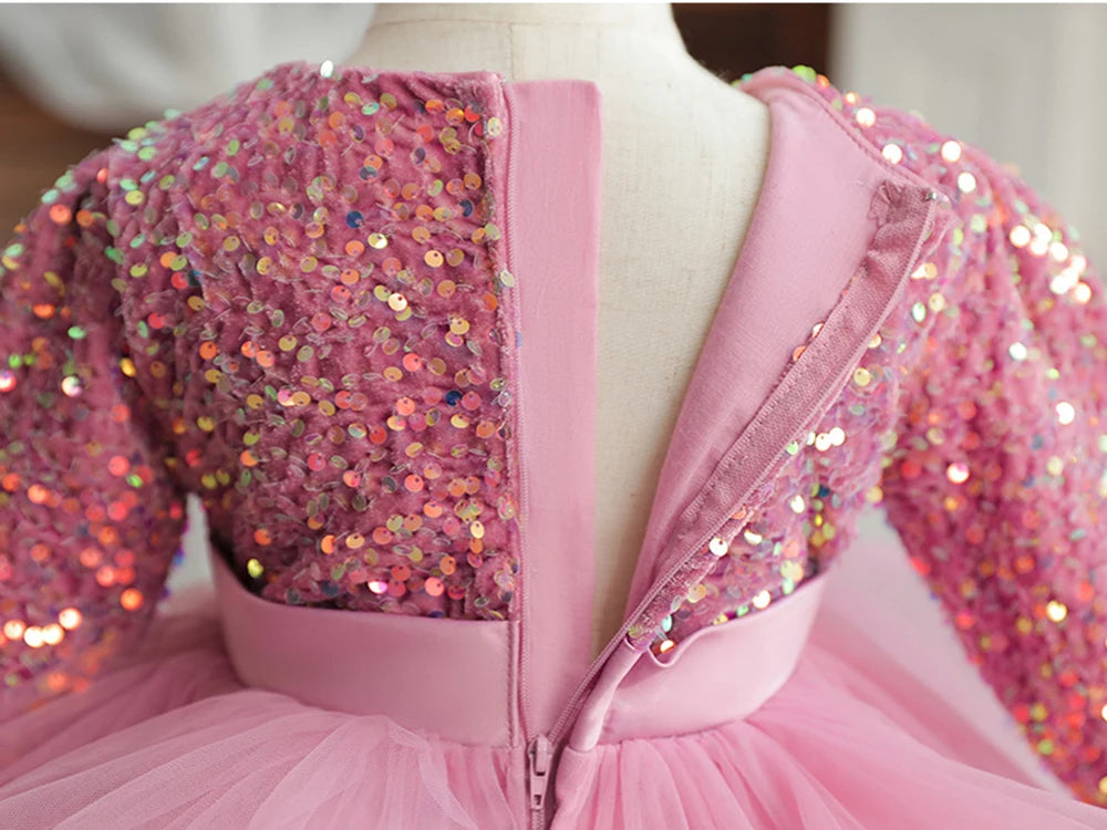HETISO Girls Party Dresses Long Sleeve V-Neck Kid's Children Elegant Dress for Girl Sequined Tutu Wedding Ball Gowns 4 6 8 10Y