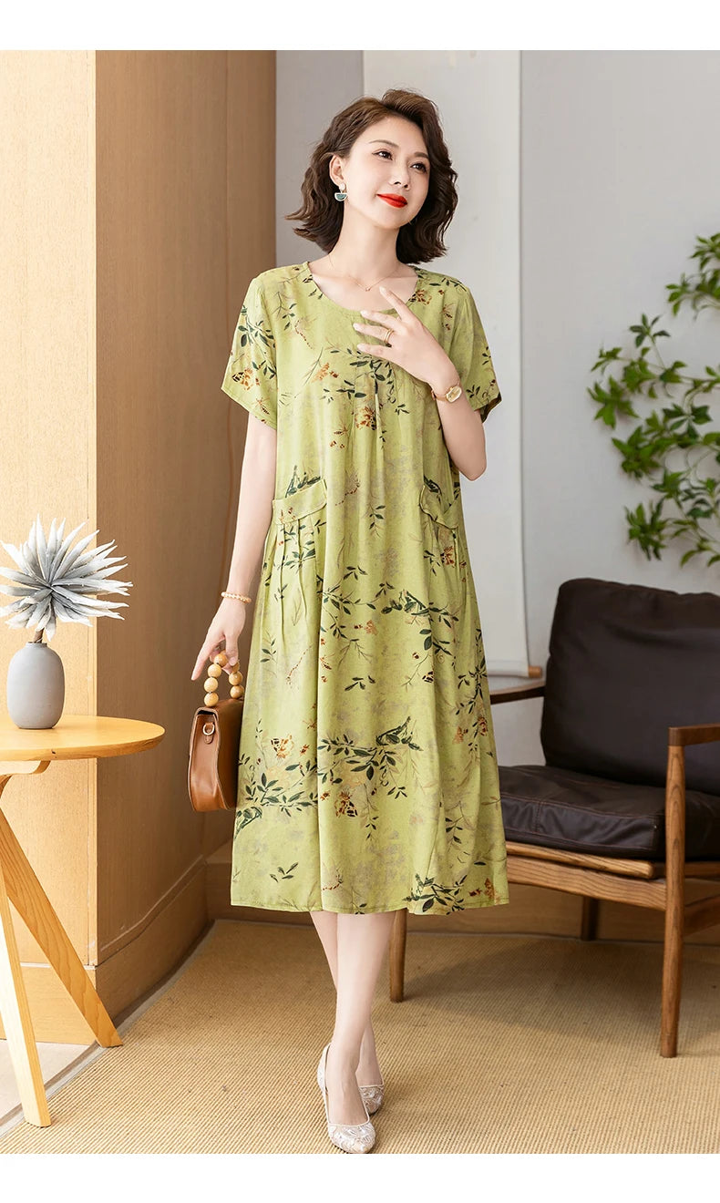 New 2025 Summer Dress Long Vintage Loose Women Elegant Sundress Dress Casual O-neck Dresses Print Plus Size
