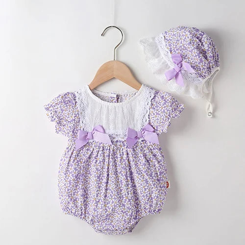 Baby Girl Sleeveless Romper and Hat Set - Cotton Print, 0-24M