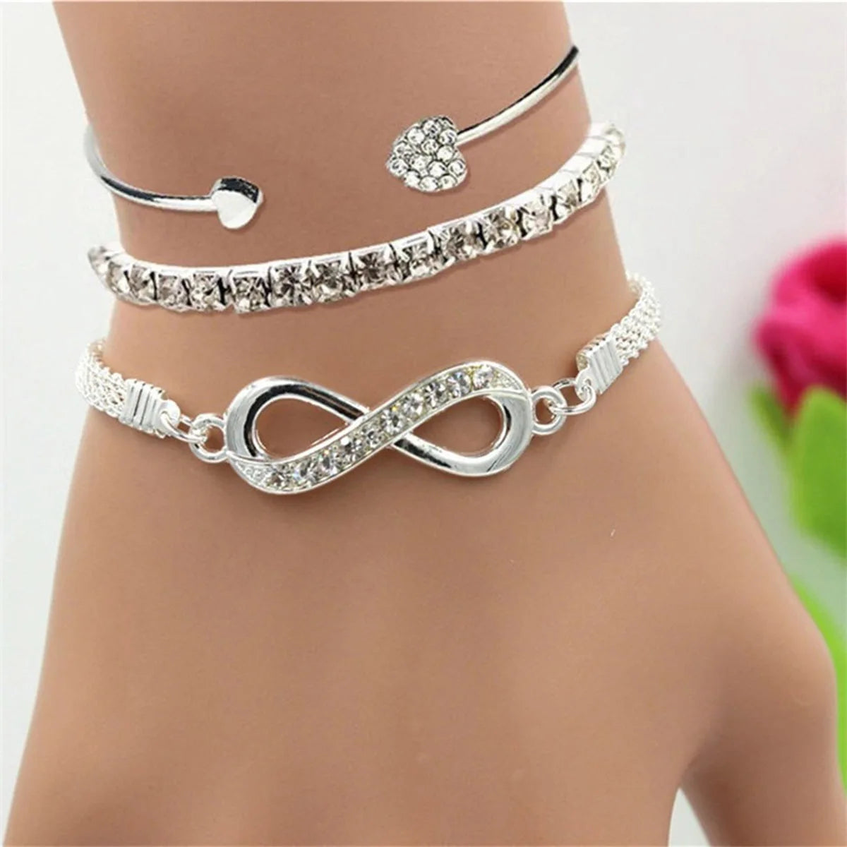 Vintage Infinity Heart Crystal Rhinestone Bracelet Set For Women'S Female Gold Color Metal Adjustable Bracelets Fashion Jewelry