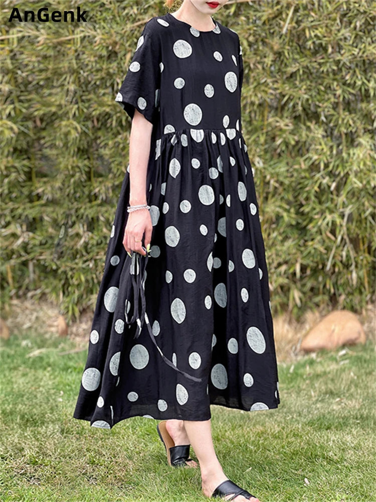 Summer Cotton Vintage Casual Loose Black Dresses For Women Short Sleeve Polka Dot Dress Femme Robe Vestidos Elegant Long Clothes