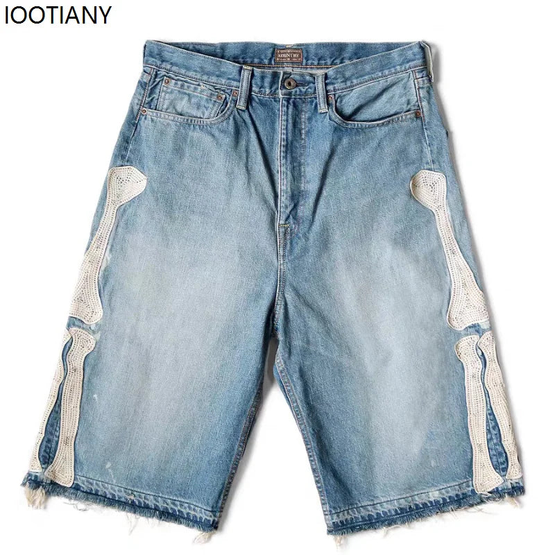 Y2k Retro Harajuku Denim Shorts Women's Washed Patchwork Tassel American Retro Jeans Men's Loose Hip-hop Bone Denim Shorts 2025
