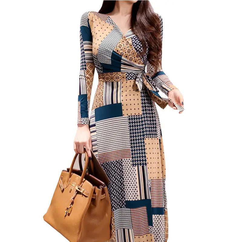 Vintage Print V-neck Lace-Up Maxi Dress | Korean Slim Long Sleeve.