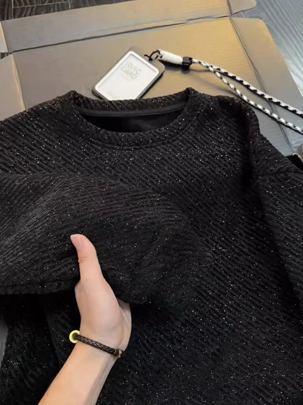 Black round Neck Long Sleeve Sweatshirt Men's Autumn Winter Heavyweight Base Layer Shirt Tianxing Comfortable Casual Style